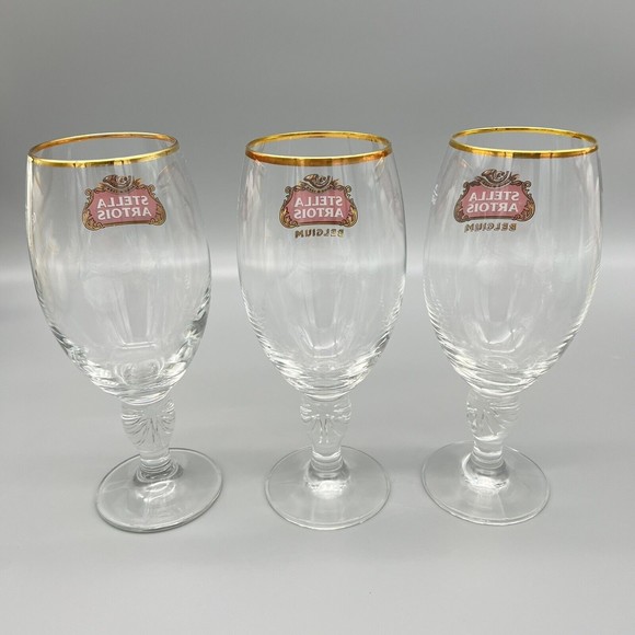 Stella Artois Chalice Beer Glasses Gold Rim 33cl Set of 3 Man Cave EUC - Picture 12 of 14